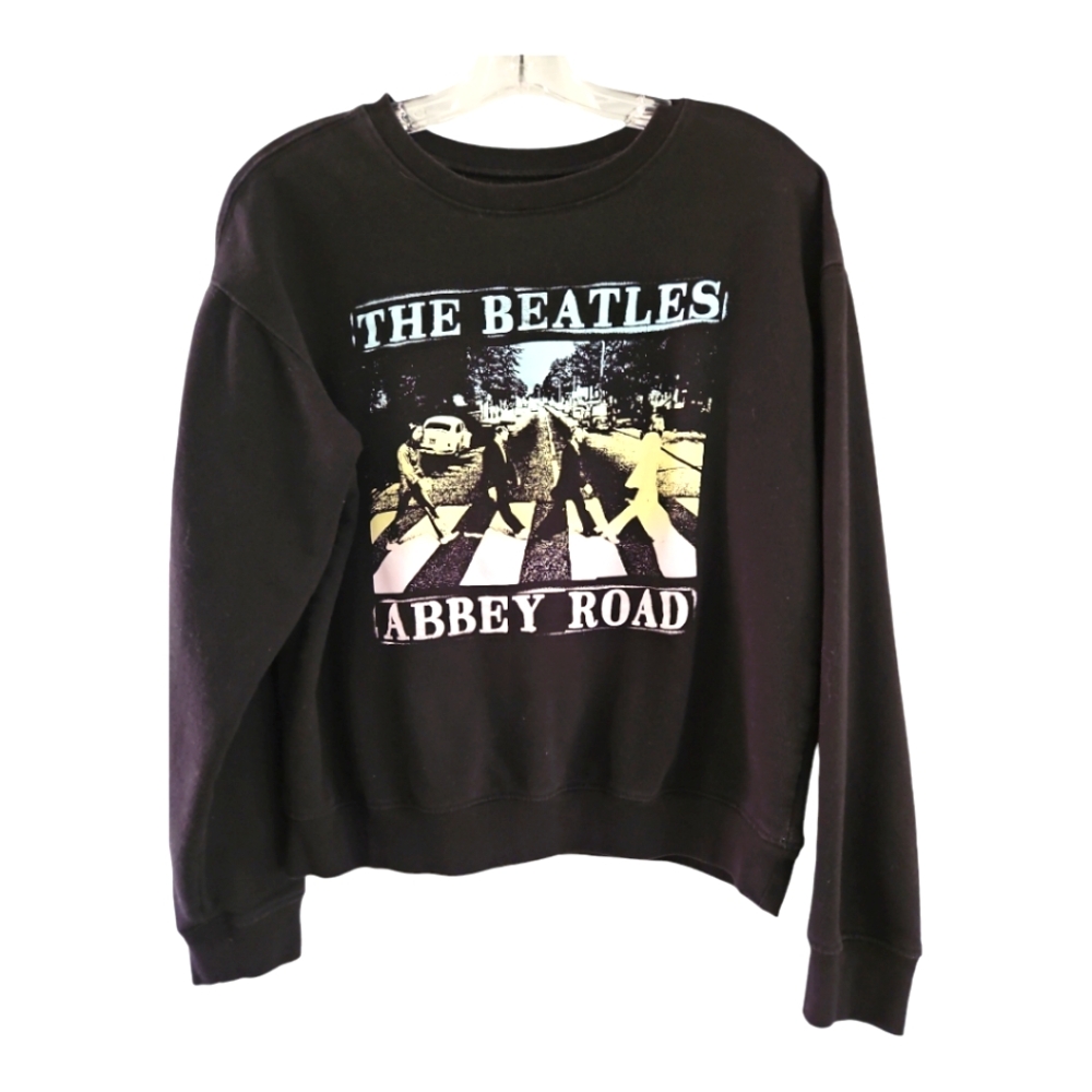 Beatles Crop Sweatshirt L Black Abbey Road Print Crewneck Pullover